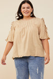 HY8279W Taupe Plus Pintuck Detail Open Sleeve Ruffled Top Front