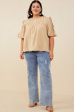 HY8279 Taupe Womens Pintuck Detail Open Sleeve Ruffled Top Side