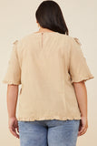 HY8279W Taupe Plus Pintuck Detail Open Sleeve Ruffled Top Full Body