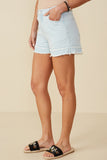 HY8280 Light Denim Womens Fray Detail Illusion Hem Denim Shorts Side