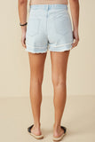 HY8280 Light Denim Womens Fray Detail Illusion Hem Denim Shorts Back