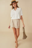 HY8304 Off White Womens Textured Boxy Fit Cropped Button Up Shirt Gif