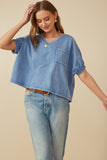 HY8312 Red Womens Garment Washed V Neck Elastic Sleeve T Shirt Front