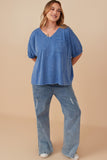 HY8312 Blue Womens Garment Washed V Neck Elastic Sleeve T Shirt Front