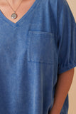 HY8312W Blue Plus Garment Washed V Neck Elastic Sleeve T Shirt Front