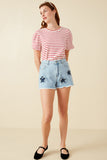 HY8313 Light Denim Womens Distressed Start Patch Frayed Denim Shorts Full Body