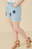 HY8313W Light Denim Plus Distressed Star Patch Frayed Denim Shorts Side