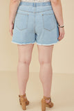 HY8313W Light Denim Plus Distressed Star Patch Frayed Denim Shorts Back