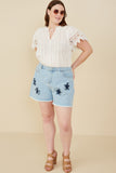 HY8313W Light Denim Plus Distressed Star Patch Frayed Denim Shorts Full Body