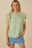 HY8318 Sage Womens Ruffle Shoulder Puffed Checker Textured Top Front