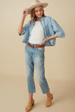 HY8321 Light Denim Womens Frayed Hem Boxy Cropped Denim Chore Jacket Gif