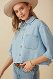 HY8321 Light Denim Womens Frayed Hem Boxy Cropped Denim Chore Jacket Full Body