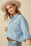 HY8321 Light Denim Womens Frayed Hem Boxy Cropped Denim Chore Jacket Back