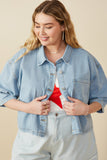 HY8321W Light Denim Plus Frayed Hem Boxy Cropped Denim Chore Jacket Pose