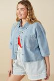 HY8321 Light Denim Womens Frayed Hem Boxy Cropped Denim Chore Jacket Front