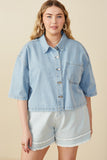 HY8321W Light Denim Plus Frayed Hem Boxy Cropped Denim Chore Jacket Gif