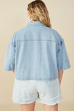 HY8321W Light Denim Plus Frayed Hem Boxy Cropped Denim Chore Jacket Side