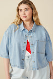 HY8321W Light Denim Plus Frayed Hem Boxy Cropped Denim Chore Jacket Front