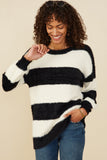 HY8336W Ivory/Black Plus Fuzzy Striped Pullover Sweater Front