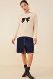 HY8339 Ivory Womens Low Gauge Sweater with Sequin Bow Patch Gif