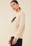 HY8339 Ivory Womens Low Gauge Sweater with Sequin Bow Patch Full Body