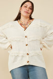 HY8343W Cream Plus Lace Frilled Buttoned Sweater Cardigan Front