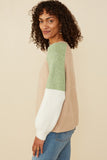 HY8347 Taupe Mix Womens Asymmetric Color Block Pullover Sweater Full Body