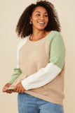 HY8347 Taupe Mix Womens Asymmetric Color Block Pullover Sweater Front