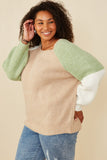 HY8347W Taupe Mix Plus Asymmetric Color Block Pullover Sweater Gif