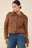 HY8349 Brown Mix Womens Multicolor Yarn Collared Button Sweater Cardigan Front