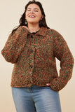 HY8349W Brown Mix Plus Multicolor Yarn Collared Button Sweater Cardigan Front