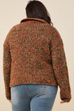 HY8349W Brown Mix Plus Multicolor Yarn Collared Button Sweater Cardigan Full Body