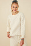 HY8370 Ivory Womens Quilted Knit Pullover Sweatshirt Front