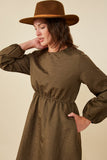 HY8372 Olive Womens Quilted Long Sleeve A Line Dress Side