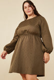 HY8372W Olive Plus Quilted Long Sleeve A Line Dress Front