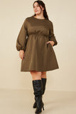 HY8372W Olive Plus Quilted Long Sleeve A Line Dress Full Body