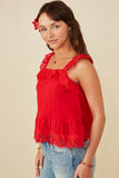 HY8382 Red Womens Scalloped Eyelet Ruffle Tank Full Body