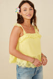 HY8382 Yellow Womens Scalloped Eyelet Ruffle Tank Front