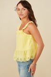 HY8382 Yellow Womens Scalloped Eyelet Ruffle Tank Full Body