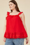 HY8382W Red Plus Scalloped Eyelet Ruffle Tank Full Body