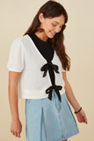 HY8419W Off White Plus Ribbed Knit Bow Detail Short Sleeve Open Top Front