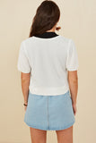 HY8419 Off White Womens Ribbed Knit Bow Detail Short Sleeve Open Top Detail