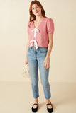 HY8419 Pink Womens Ribbed Knit Bow Detail Short Sleeve Open Top Gif