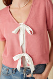 HY8419 Pink Womens Ribbed Knit Bow Detail Short Sleeve Open Top Full Body