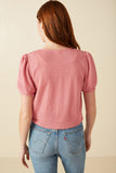 HY8419 Pink Womens Ribbed Knit Bow Detail Short Sleeve Open Top Detail