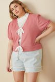 HY8419W Pink Plus Ribbed Knit Bow Detail Short Sleeve Open Top Pose