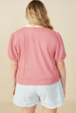 HY8419W Pink Plus Ribbed Knit Bow Detail Short Sleeve Open Top Side