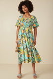 HY8427 Blue Mix Womens Vivid Botanical Print Smocked Square Neck Dress Full Body