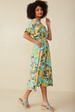 HY8427 Blue Mix Womens Vivid Botanical Print Smocked Square Neck Dress Side