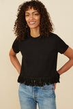 HY8429 Black Womens Fringed Tassel Hem Textured Knit Top Front